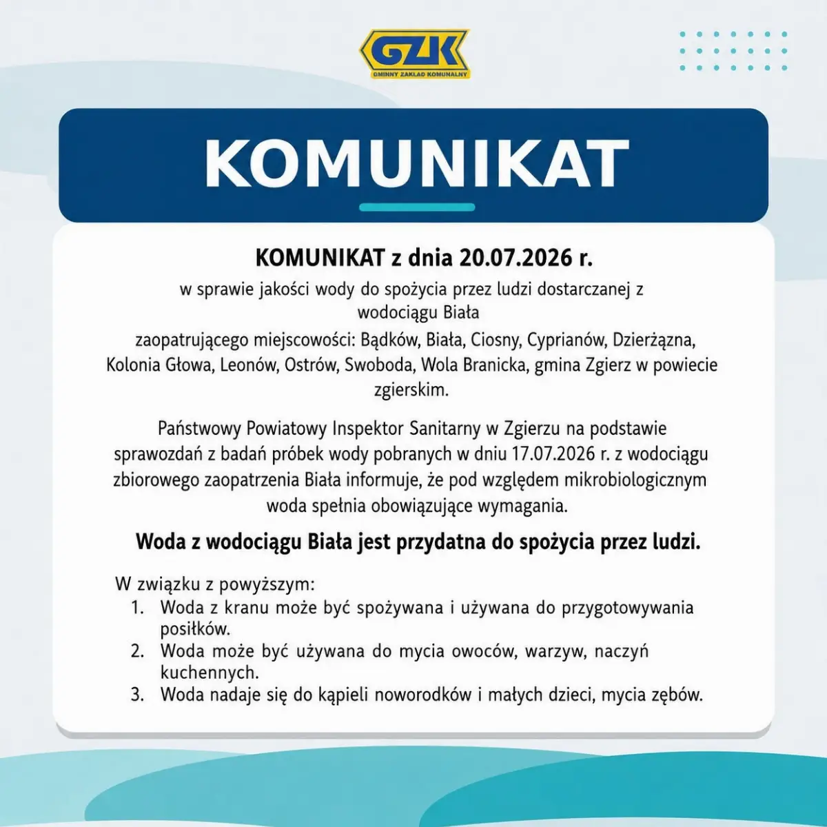 Informacja Gminnego Zakładu Komunalnego o jakości wody z wodociągu Biała