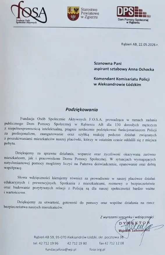 Podziękowania dla funkcjonariuszy Policji z Aleksandrowa Łódzkiego